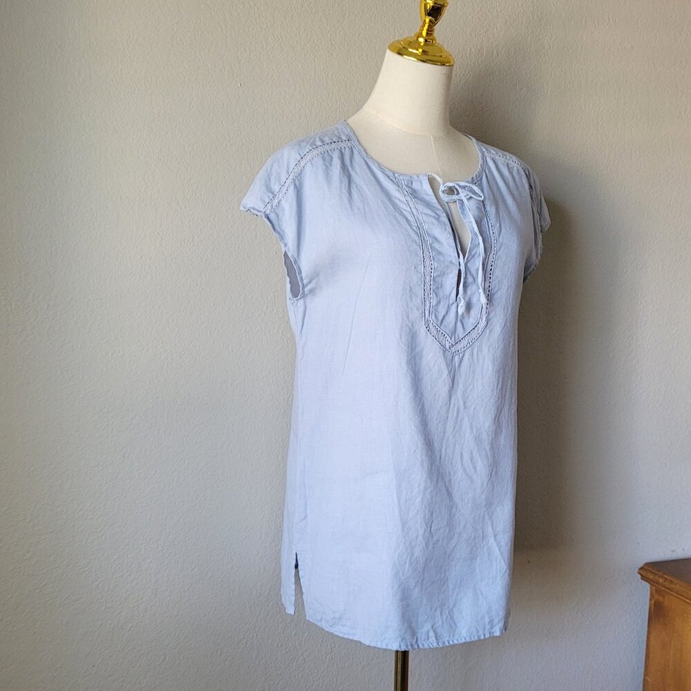 Sky Blue 100% Linen Boho Peasant Blouse | Cap Sleeve Tunic | Summer Casual Top